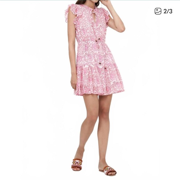 Oliphant Cinched Flirty Mini Dress in Malta Pink Cotton Tie Waist - Picture 2 of 14